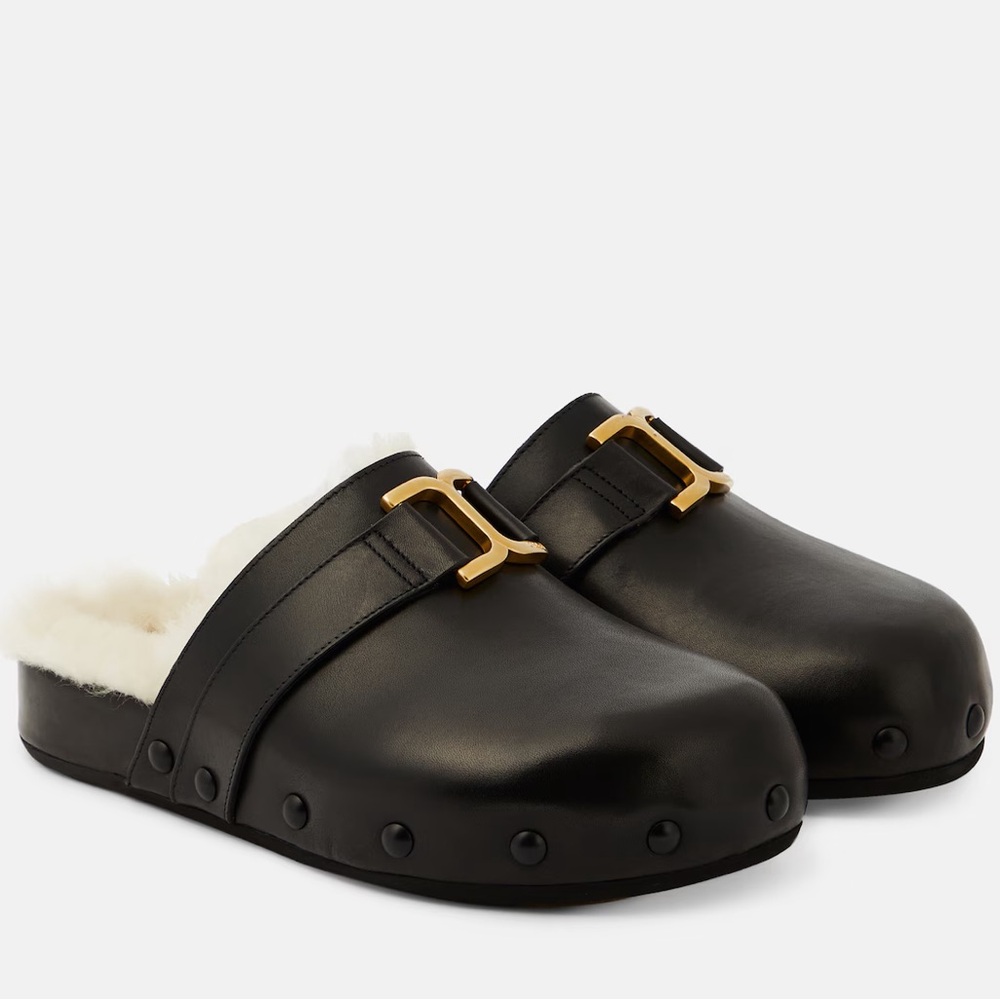 Chloe Black Leather Mules with Gold Buckle